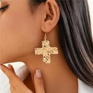 Chunky Gold Big Hammered Cross Drop Dangle Earrings for Women Trendy Jewelry